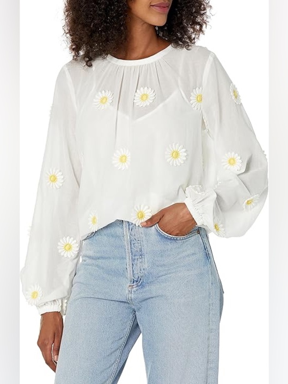 TRINA TURK Swift Top Blouse White Cotton Floral Daisy Appliques Size XS